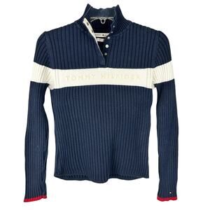 Tommy Hilfiger Vintage Y2K 2005 Ribbed Fitted Logo Snap Front Sweater S
